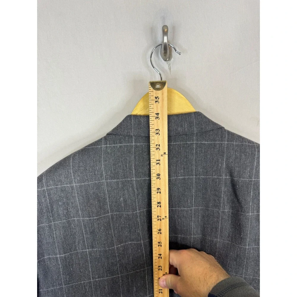 Alfred Sung Mens Grey Windowpane Wool‎ Silk Linen Blend Blazer Jacket 44 X-Long